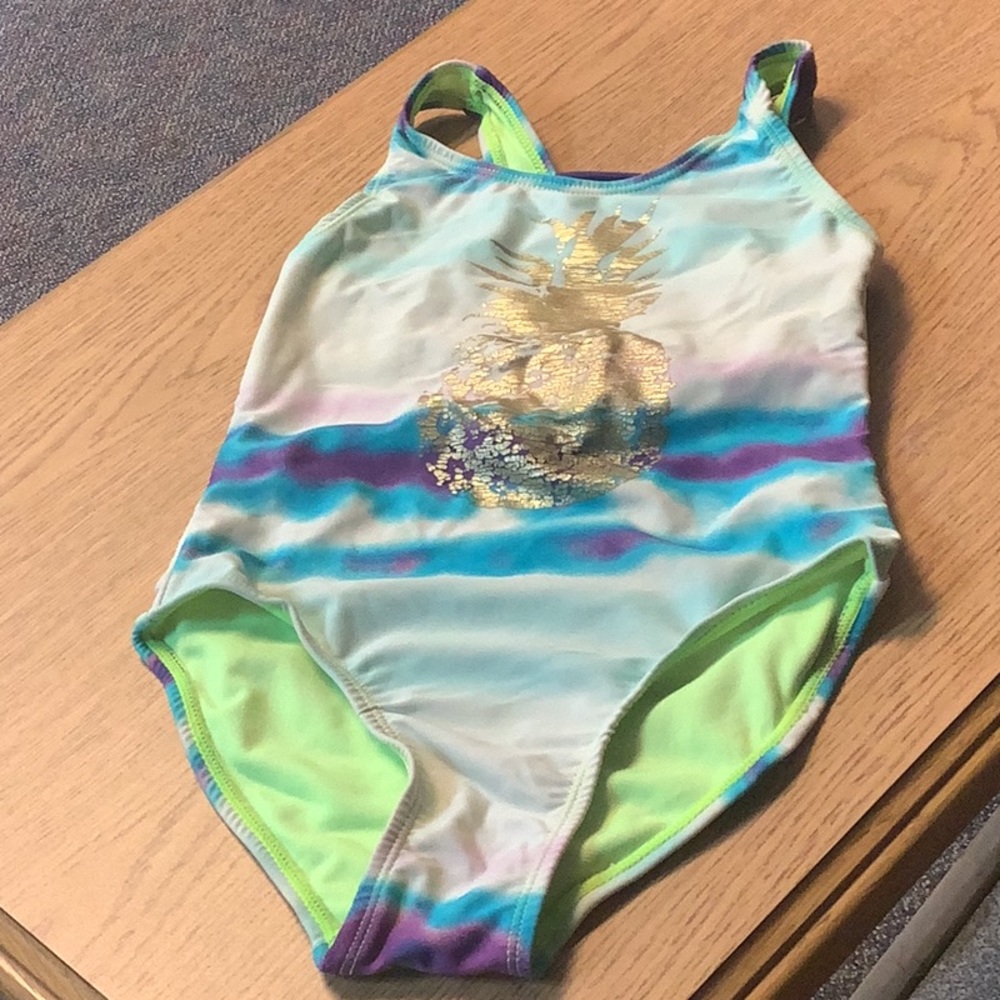 Arizona, one piece swimsuit, blue purple pink with a pineapple on front …
